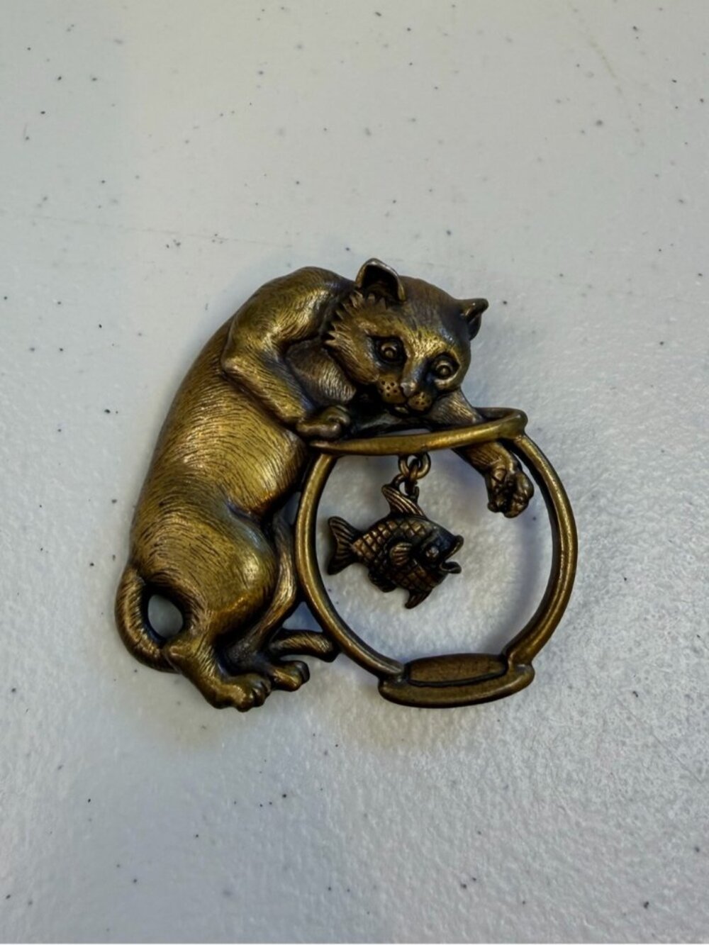 Vintage Brass Cat Fish Signed JJ lapel brooch pin costume jewelry kitsch quirky